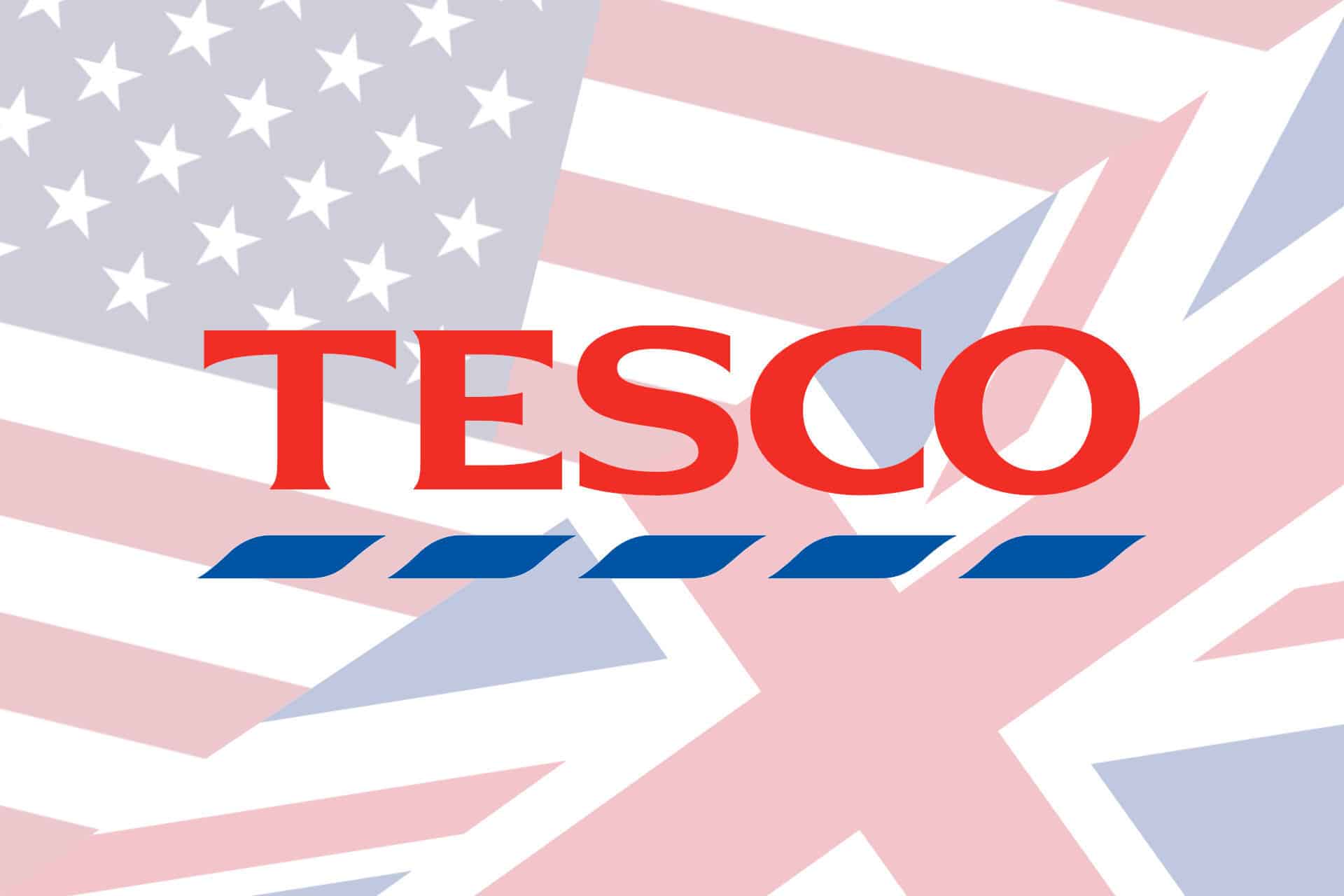 Tesco logo over US and UK flags