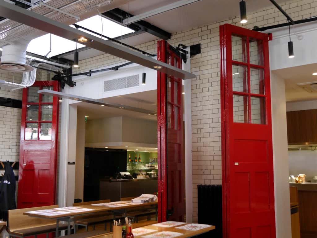 The inside of a Wagamama built in an old fire station in Hammersmith, London