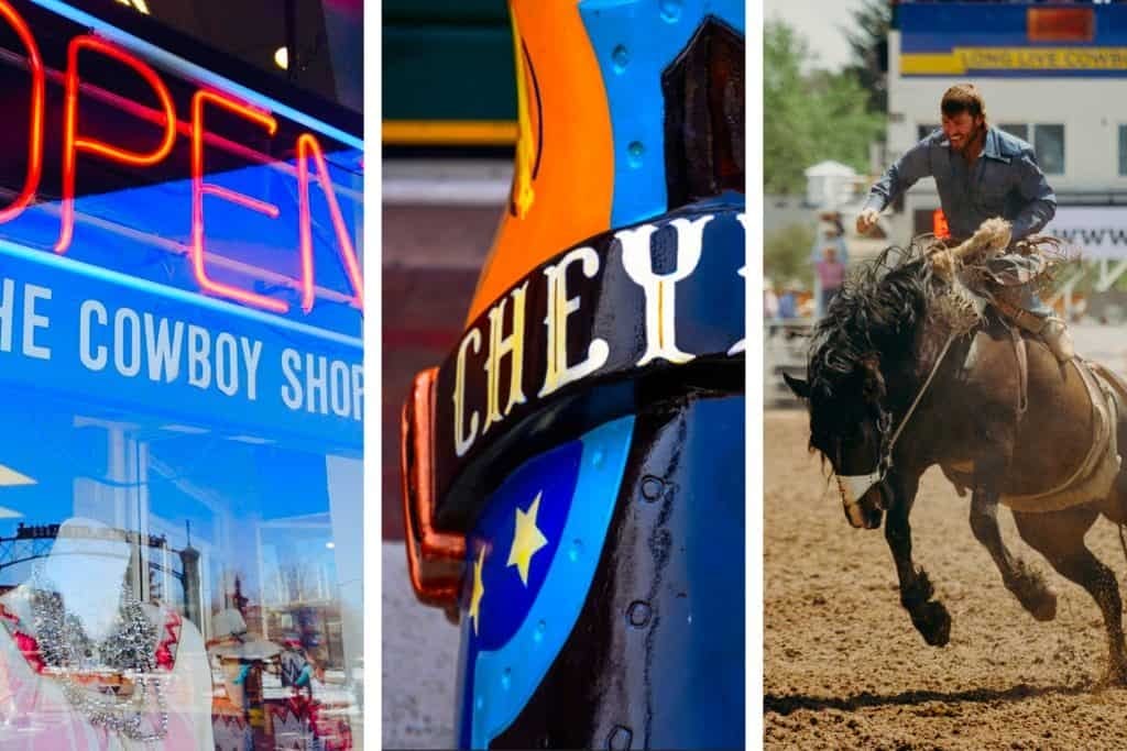 Cheyenne Wyoming boot, Man on horse at rodeo, Cowboy shop neon sign
