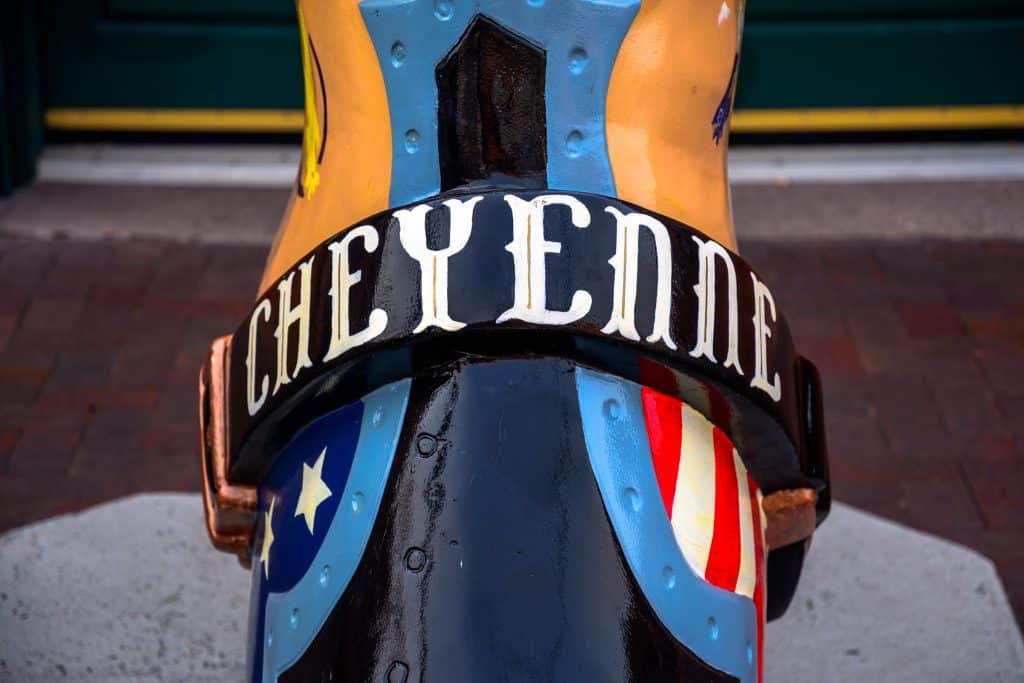 A colorful cowboy boot with "Cheyenne" written across it