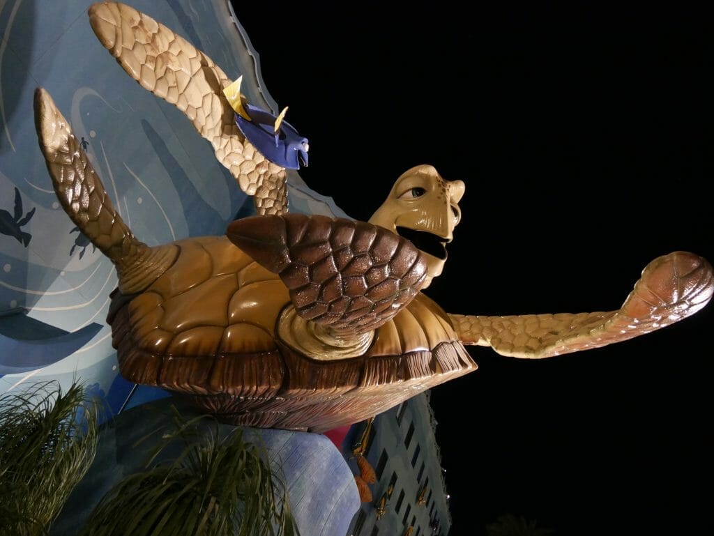 Disney's Art of Animation resort theming with Finding Nemo turtle statue