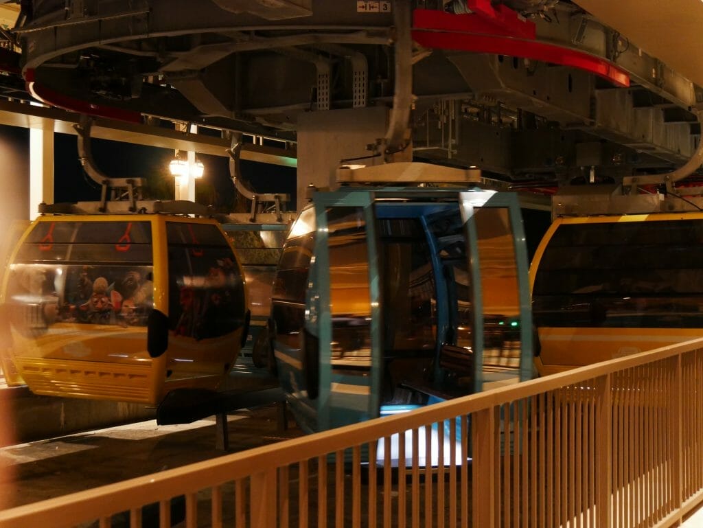 Looking inside a Disney World Skyliner car from the station