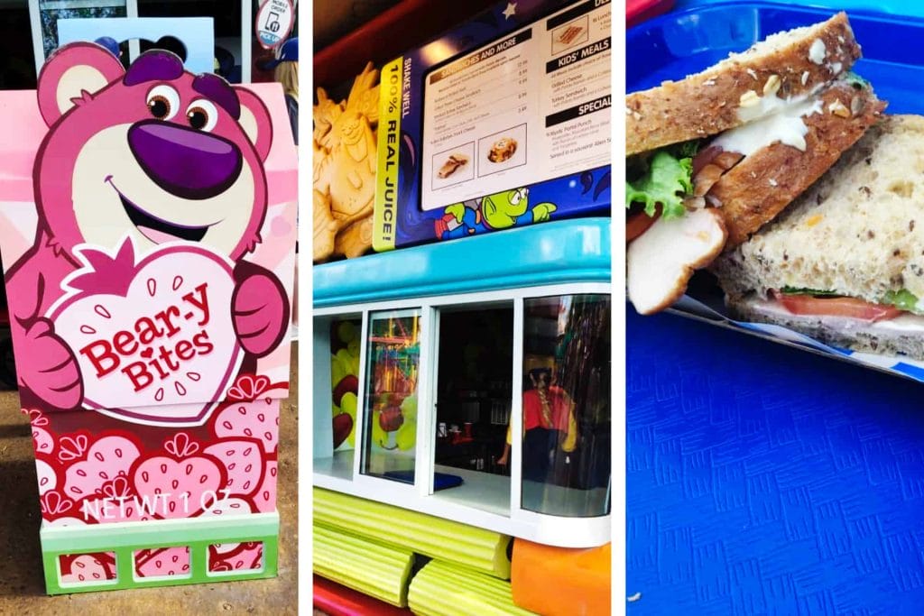 Images from Woody's Lunchbox at Disney World - a sandwich, a Beary Bites sign, and the ordering counter