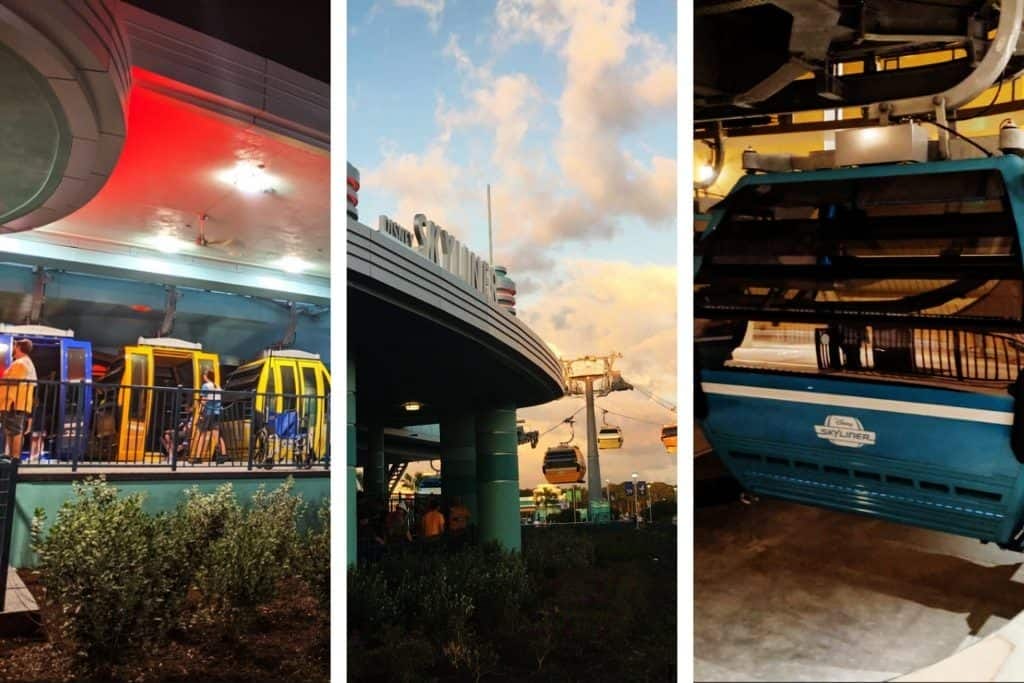 The Disney Skyliner at night lit up in red, The Disney Skyliner in early morning with yellow clouds, a bubble of the Disney Skyliner