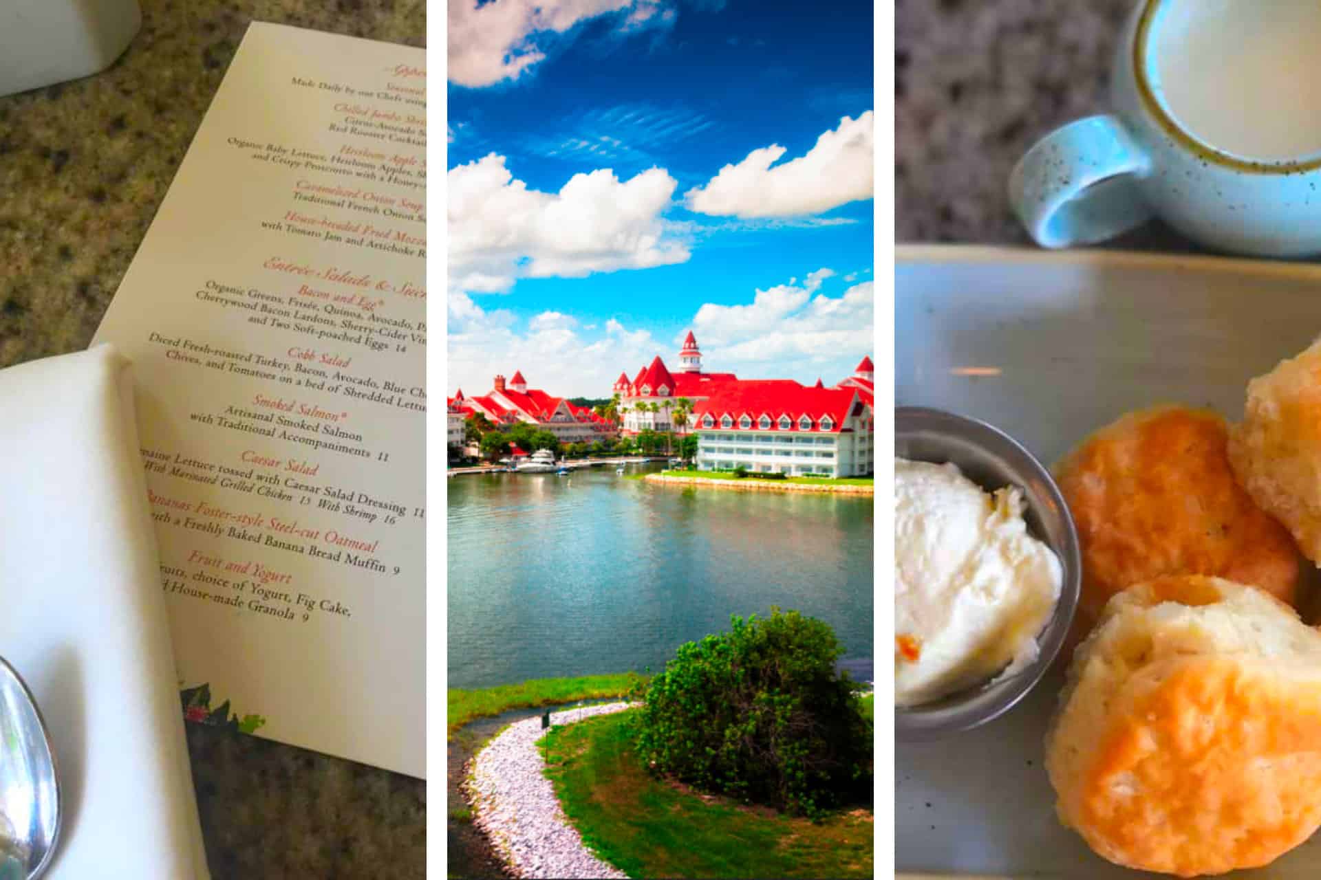 A breakfast spread on a table and an image of the Grand Floridian Resort with a deep blue sky, and a menu from the Grand Floridian Cafe