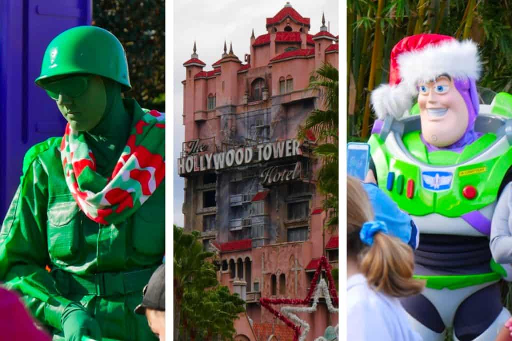 A toy soldier, Buzz Lightyear, and Hollywood Tower Hotel at Disney Hollywood Studios with Christmas decorations