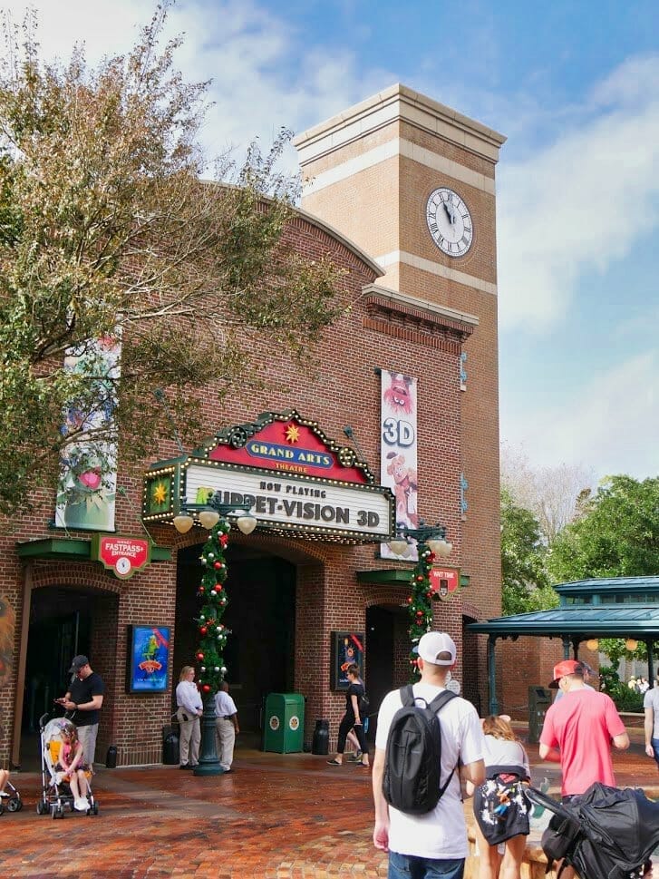 Muppet Vision 3D entrance with Christmas decorations around it