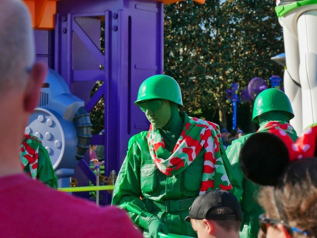 A toy soldier with a scarf on in Toy Story Land at Disney World's Hollywood Studios at Christmas
