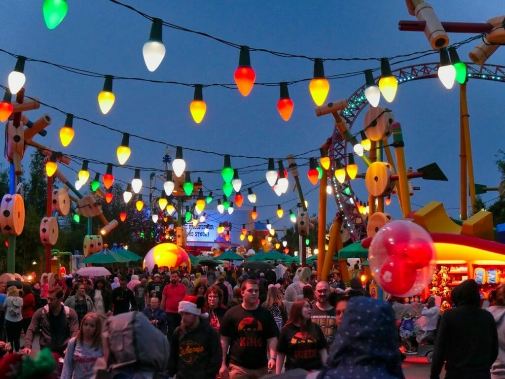 Christmas lights at night in Toy Story Land in Disney World's Hollywood Studios at Christmas