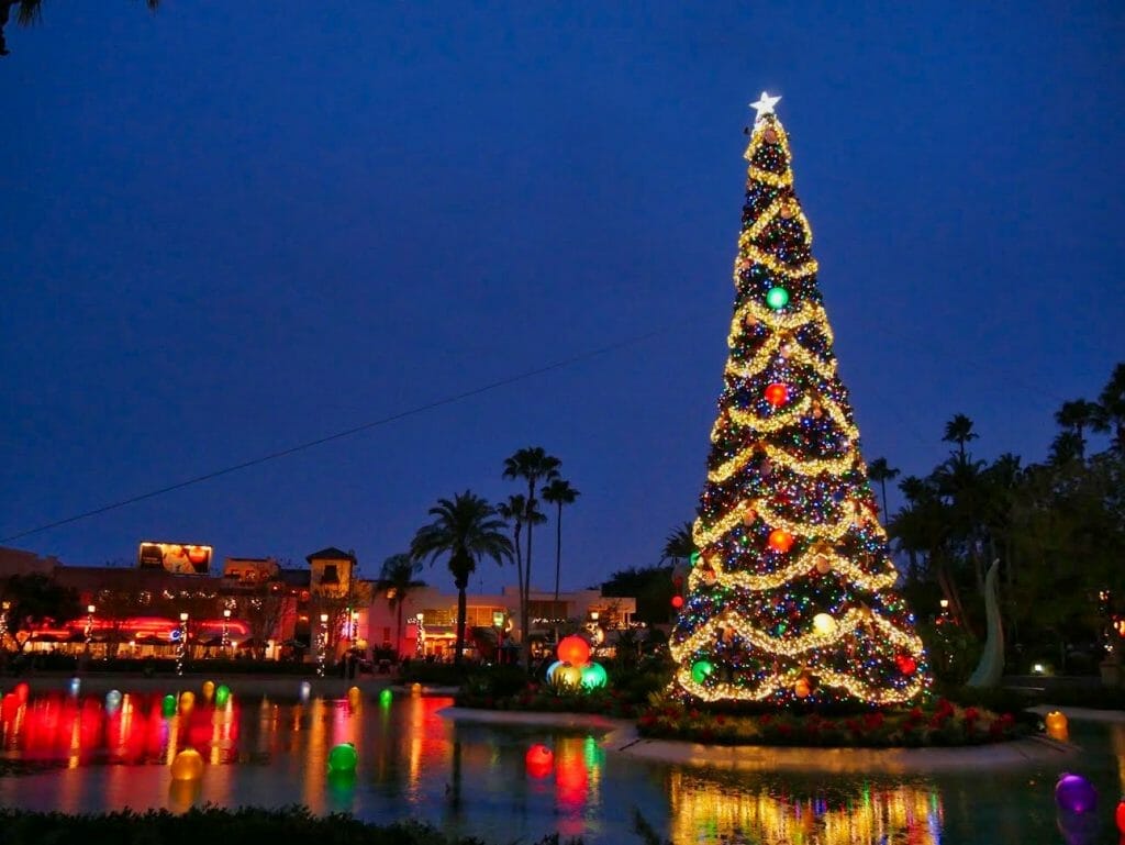 A Christmas tree lit up at Disney World Hollywood Studios at Christmas
