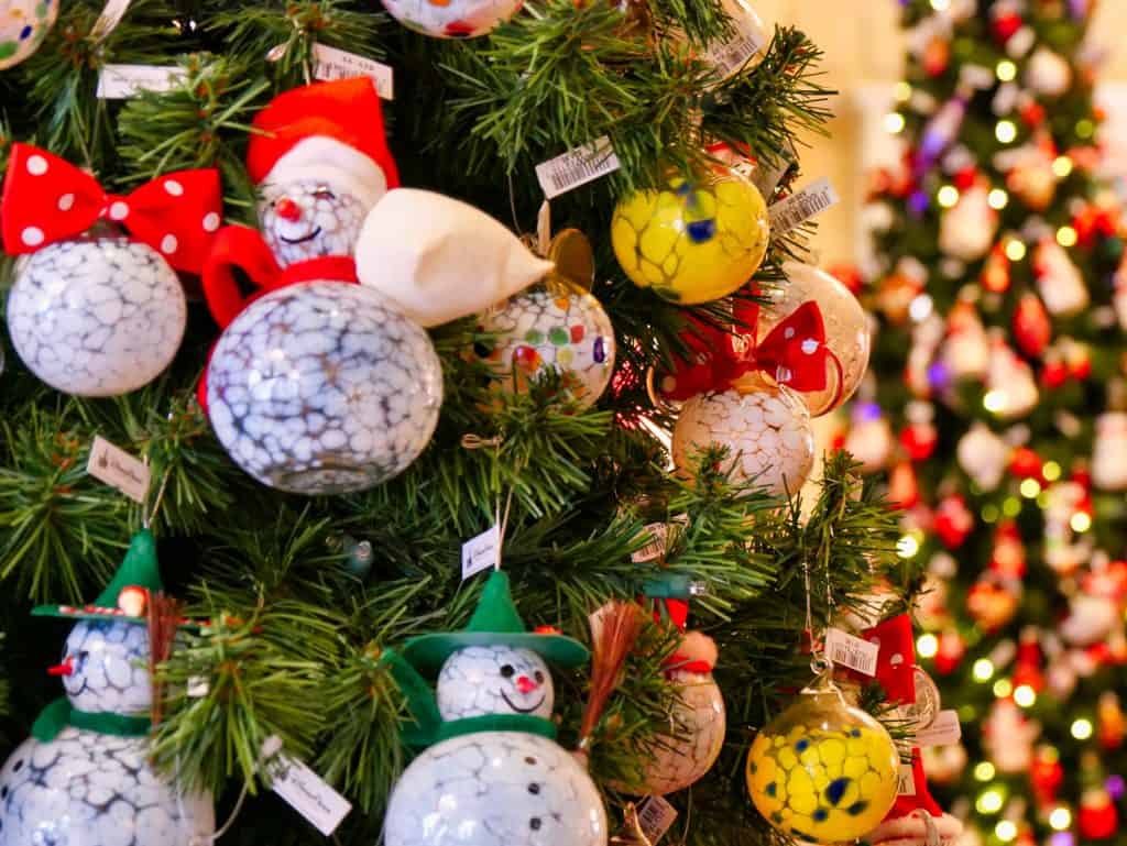 Christmas decorations on a Christmas tree at Epcot, Disney World at Christmas