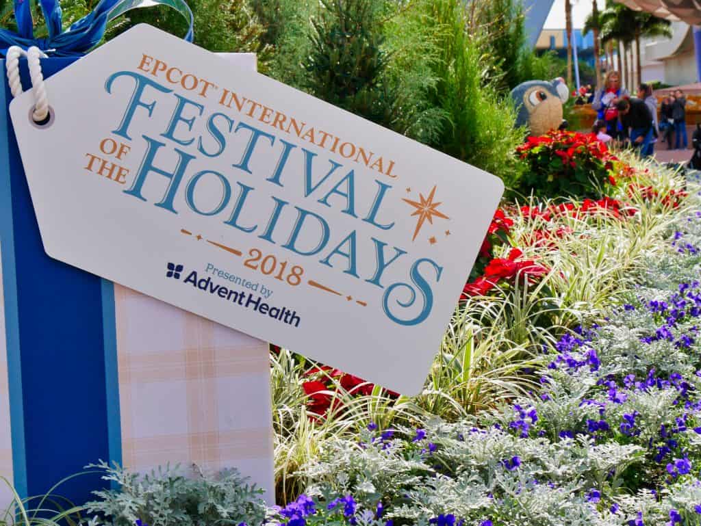 Festival of the Holidays sign at Epcot, Disney World at Christmas