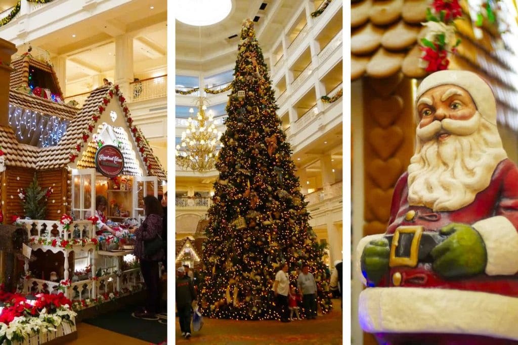 Images from the Grand Floridian resort in Disney World Orlando at Christmas: a huge Christmas tree, a Santa decoration, a full-size gingerbread house shop.