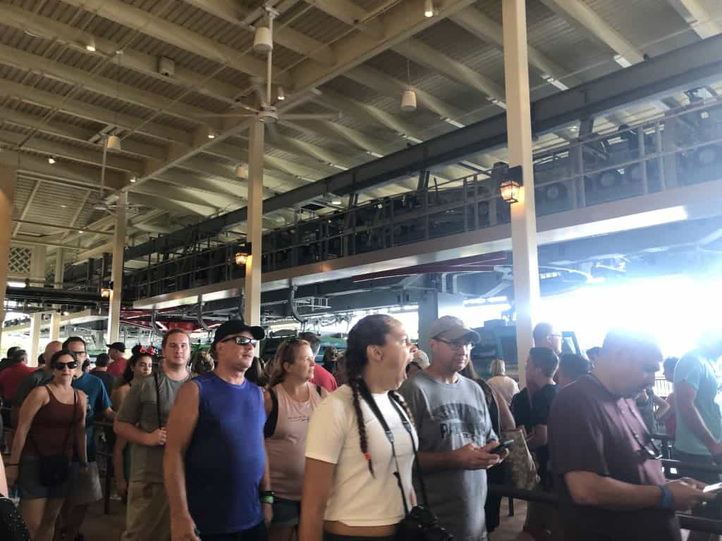 People queuing for the Disney Skyliner