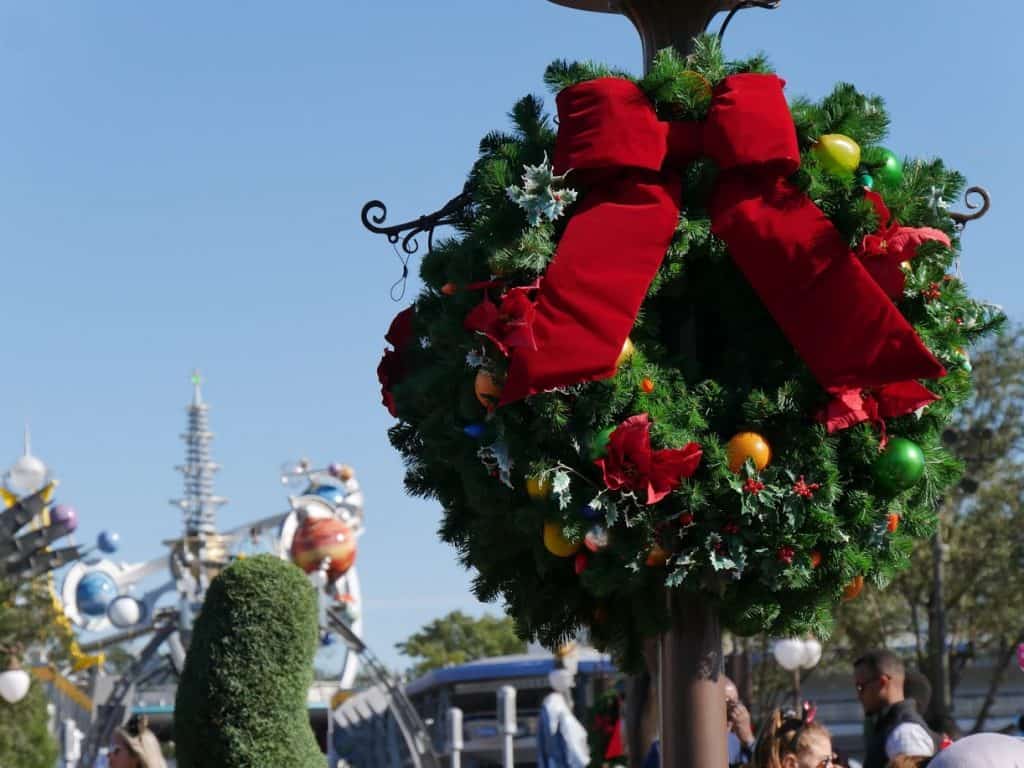 A Christmas wreath at the Magic Kingdom in Disney World at Christmas