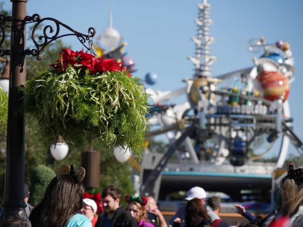 A Christmas plant hanging basket at the Magic Kingdom in Disney World at Christmas
