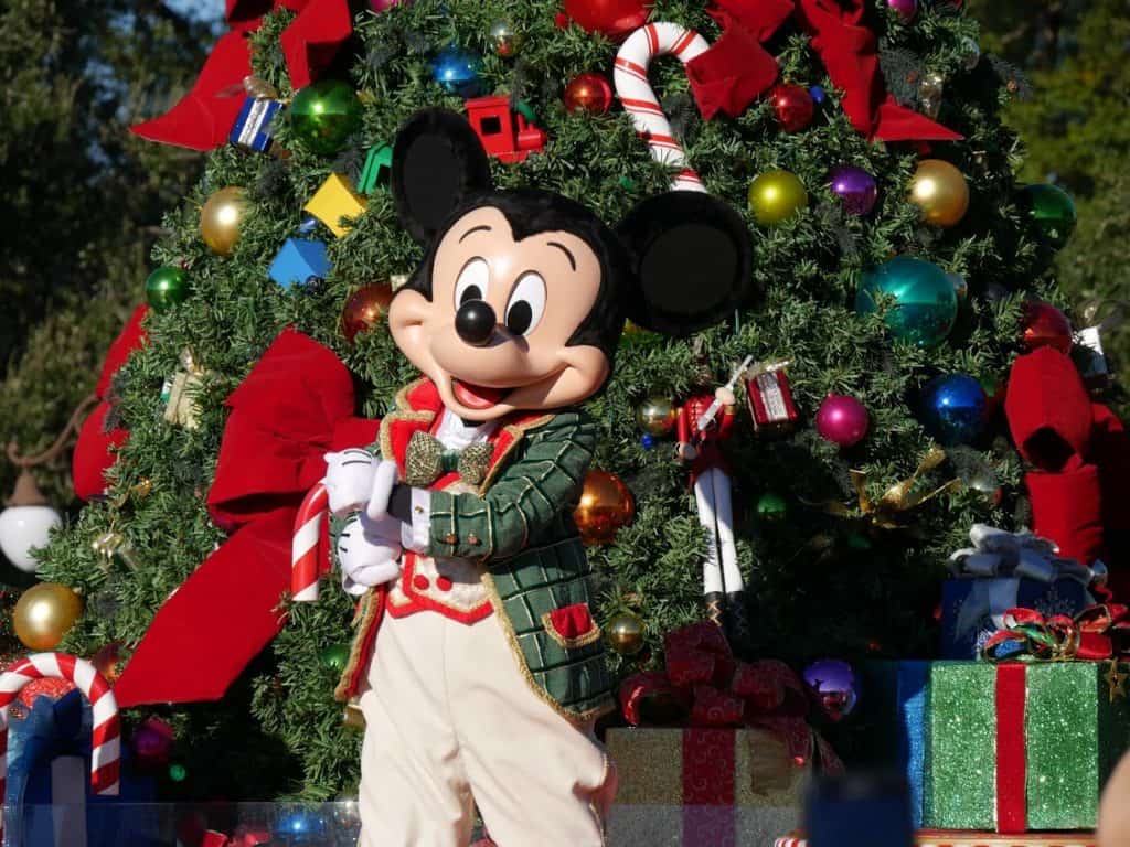Mickey Mouse during the parade at the Magic Kingdom in Disney World at Christmas