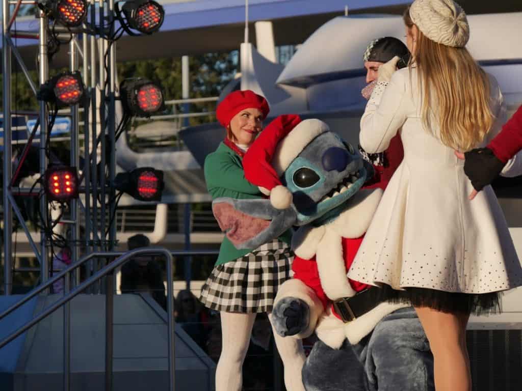 Stitch in a Santa Claus outfit at the Magic Kingdom in Disney World at Christmas