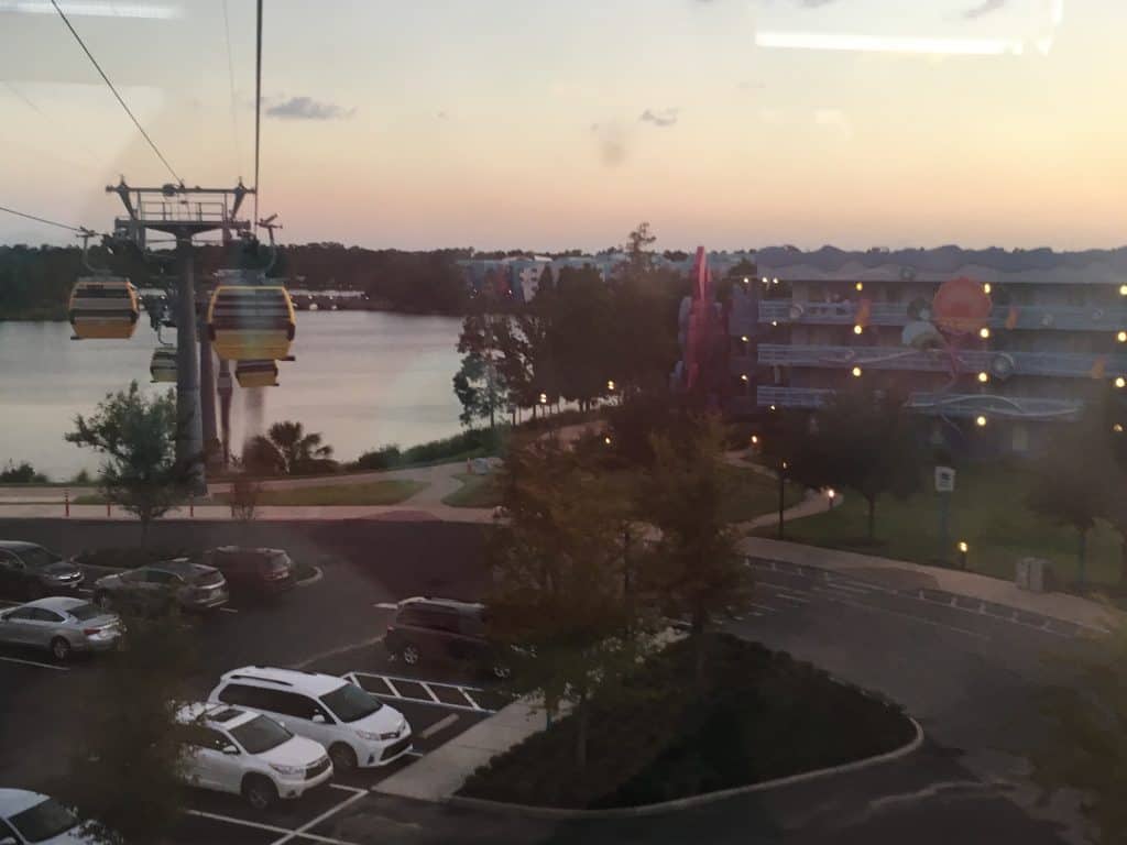 The view from inside a Disney Skyliner car