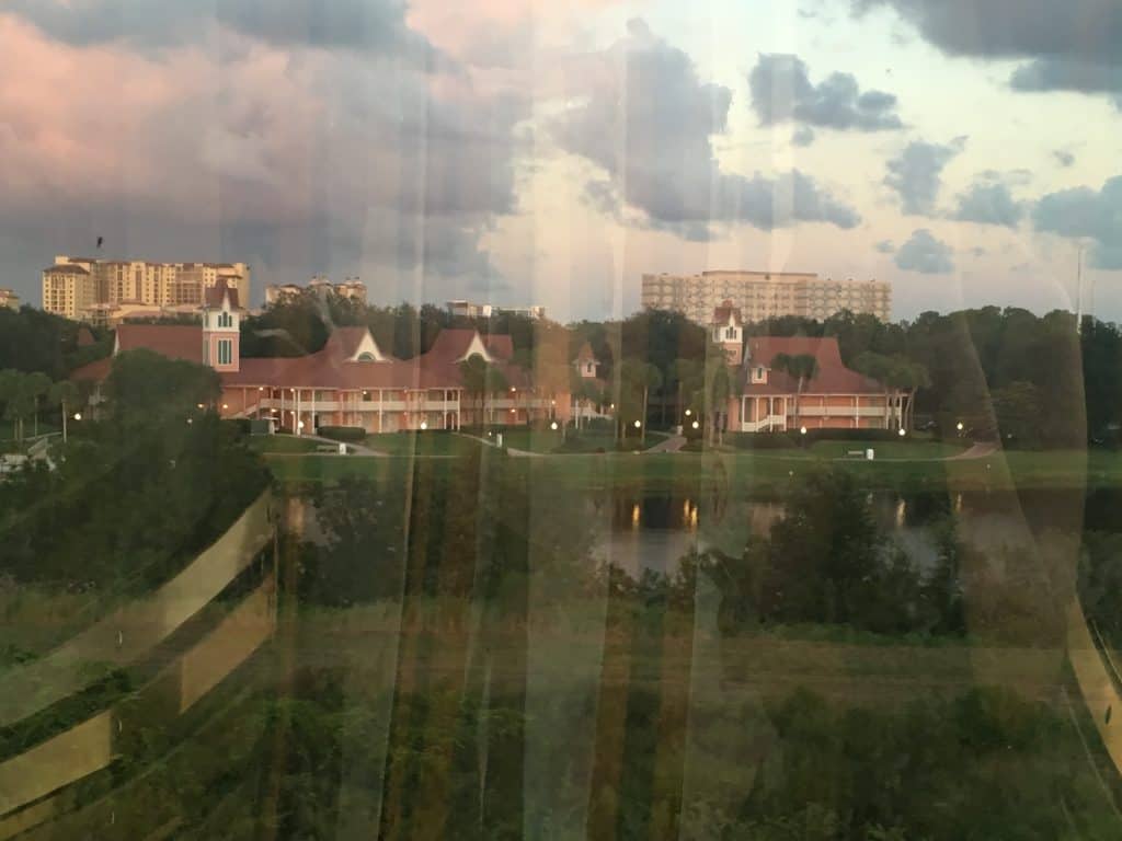 A view from inside the Disney Skyliner to a resort