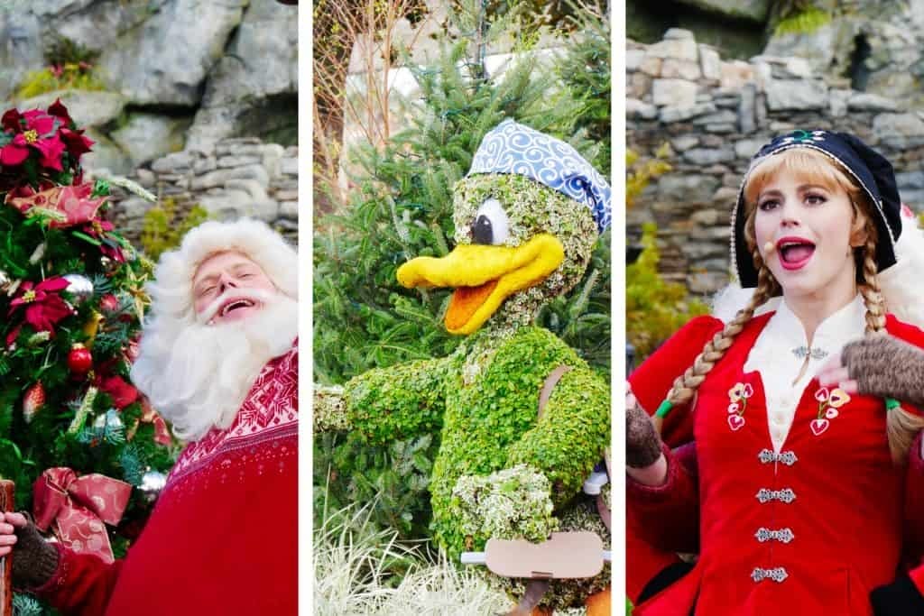 Father Christmas Santa in red with a Christmas tree, Donald Duck made from a bush with a hat on, an a female Christmas character in red at Epcot Disney World