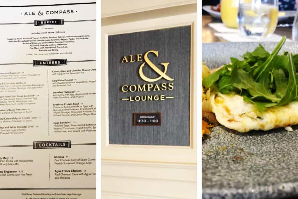 Food menu, entrance sign, and food on a plate at Ale and Compass Lounge at Yacht Club, Disney World