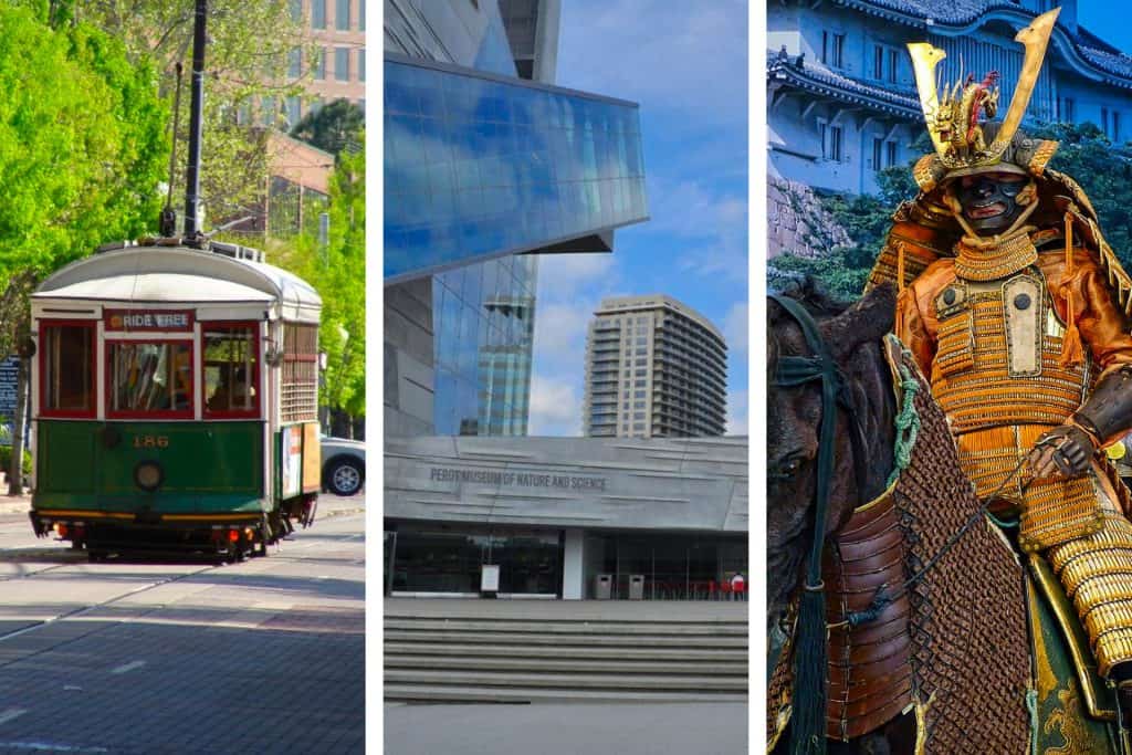 A trolley going down a road, Perot Museum of Nature and Science, and a Sumurai on a horse in Dallas and Fort Worth, Texas