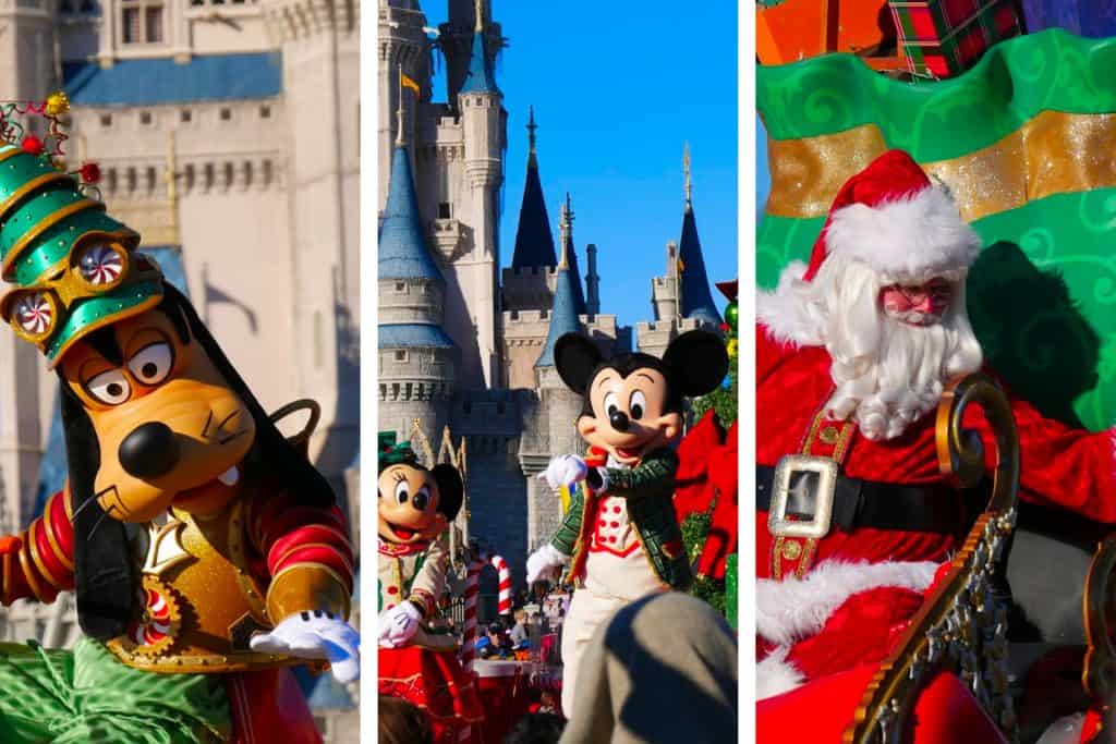 Goofy, Mickey Mouse, Minnie Mouse and Santa Claus at the parade at Magic Kingdom at Christmas