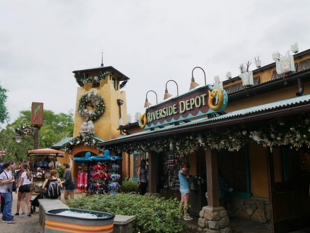 A shop decorated for Christmas at Animal Kingdom