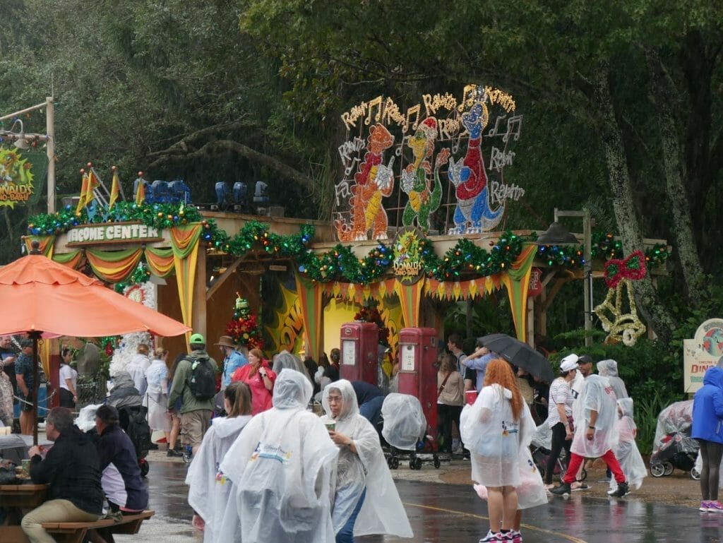 Christmas decorations over normal theming at Disney World's Animal Kingdom at Christmas