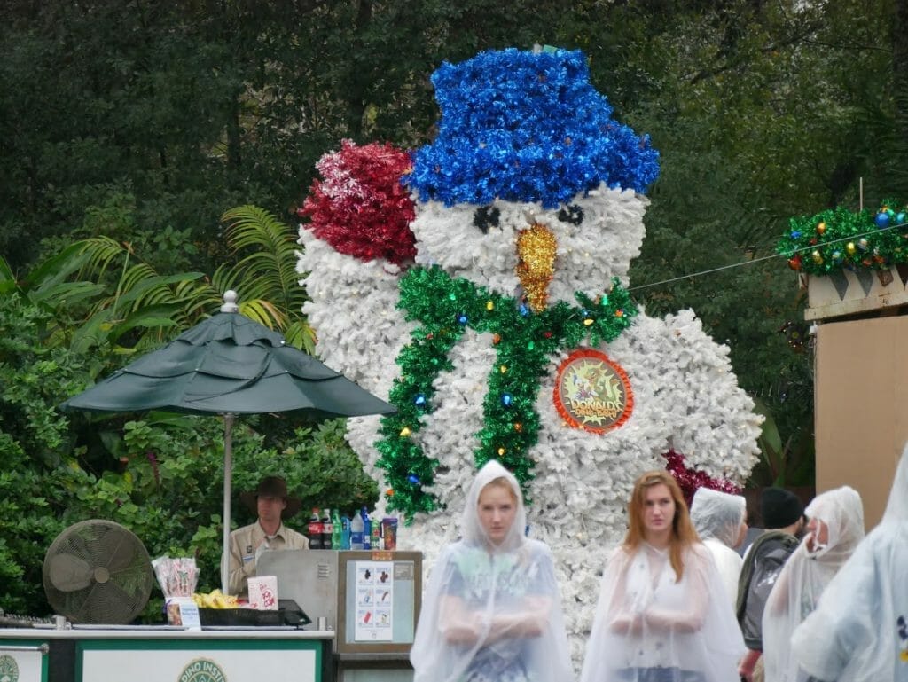 A giant snowman at Disney World's Animal Kingdom at Christmas