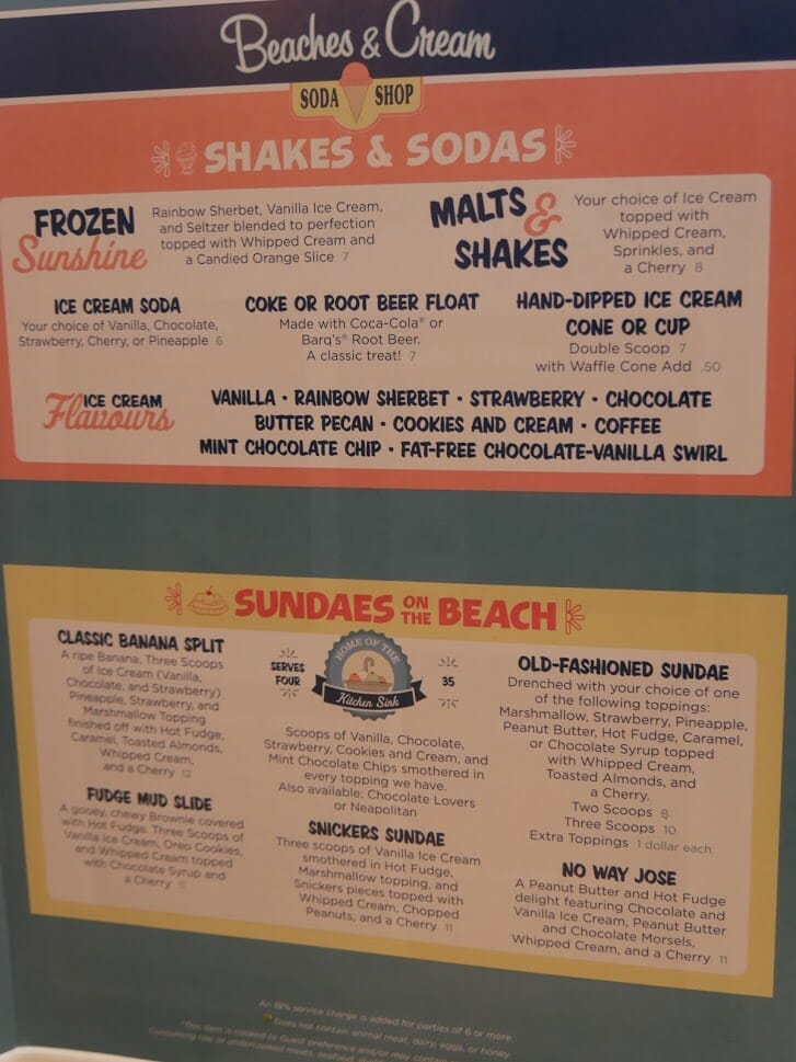 Beaches and Cream Beach Club menu