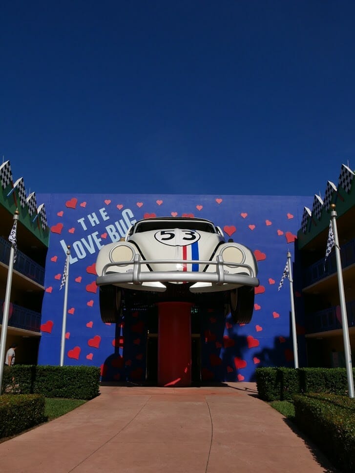 Disney All-Star Movies resort Herbie The Love Bug coming out of a wall