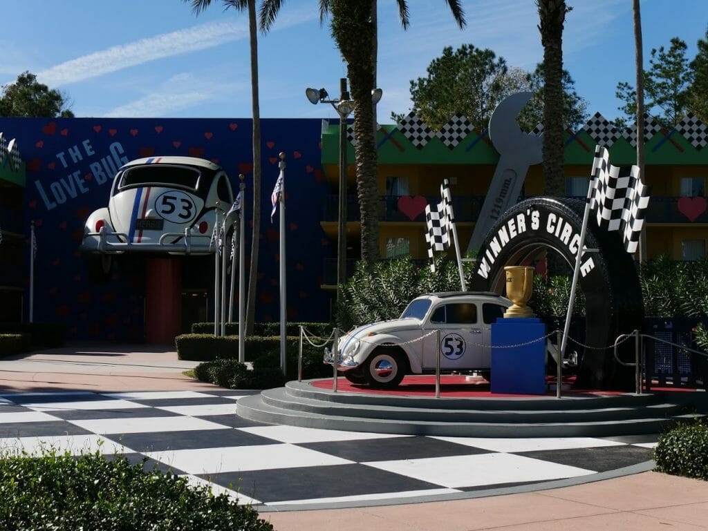 Disney All-Star Movies resort review Herbie cars on podium and going in to a wall