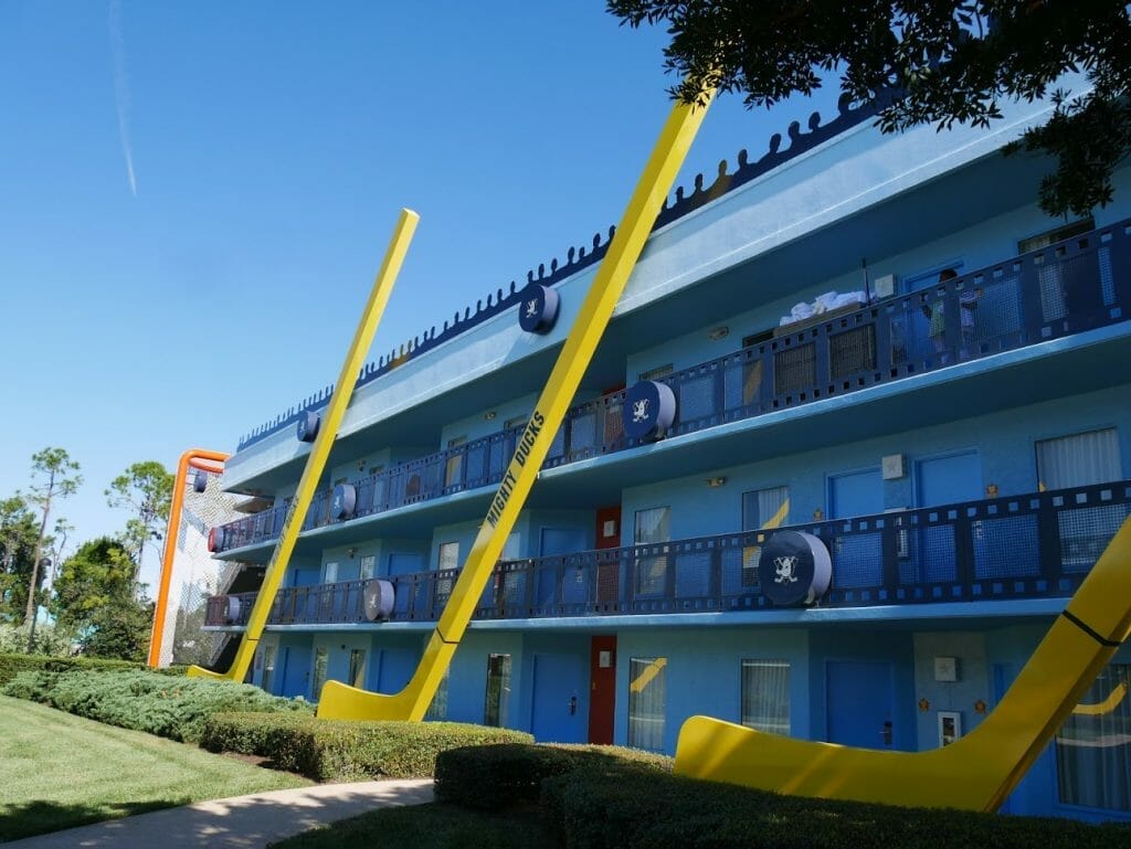 Hockey stick on the front of a hotel building at Disney World All-Star Movies review