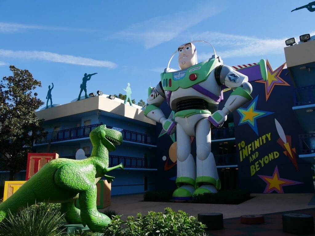 Disney All Star Movies resort Toy Story area with Buzz Lightyear and Rex