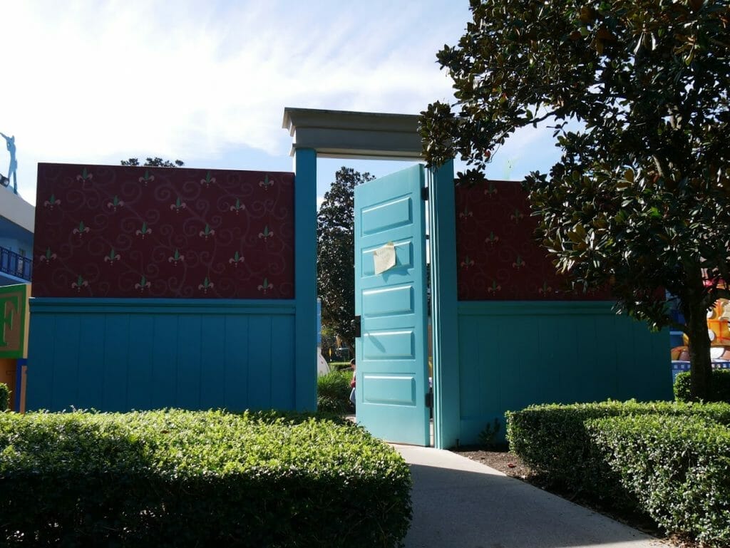 Disney All Star Movies resort Toy Story area with a giant entrance to Andy's room