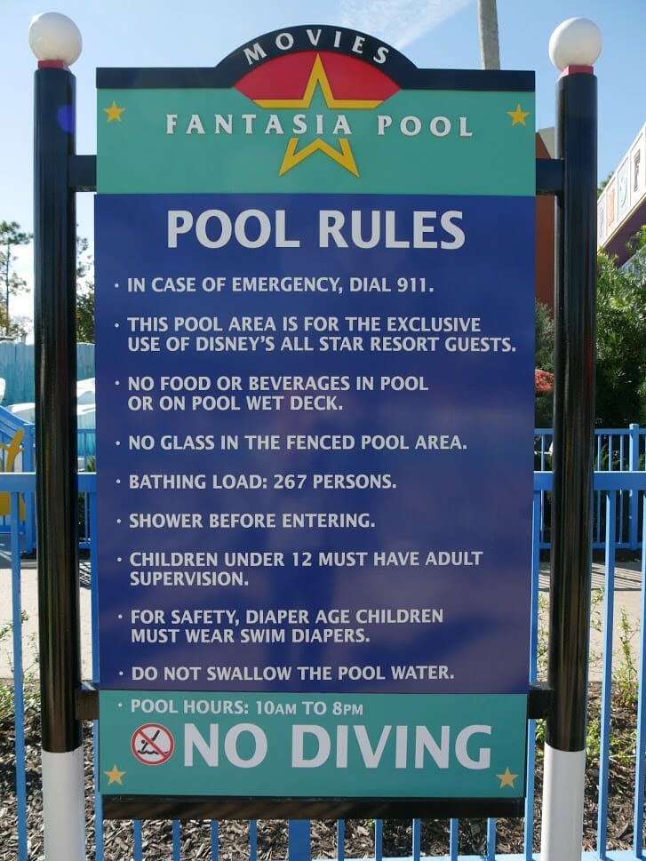 Pool rules sign at Disney World All Star Movies resort
