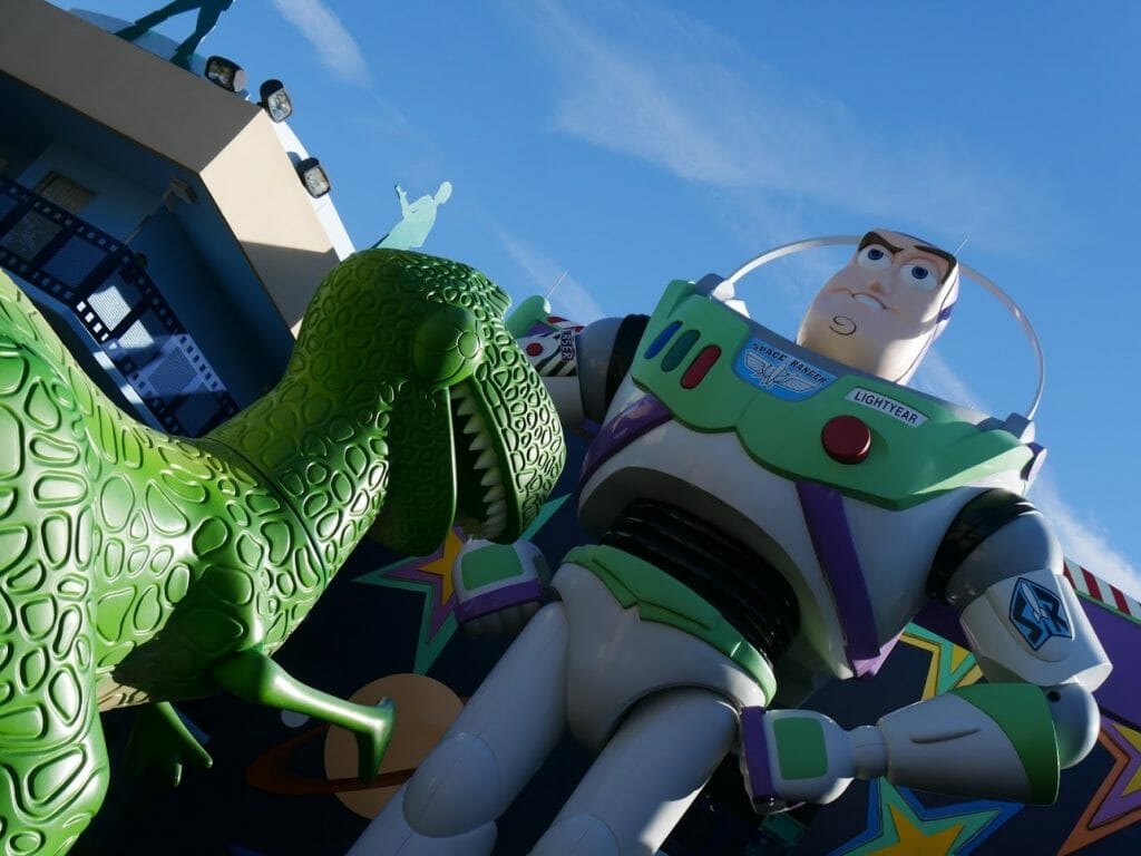 A giant Buzz Lightyear and Rex at Disney World All Star Movies Resort