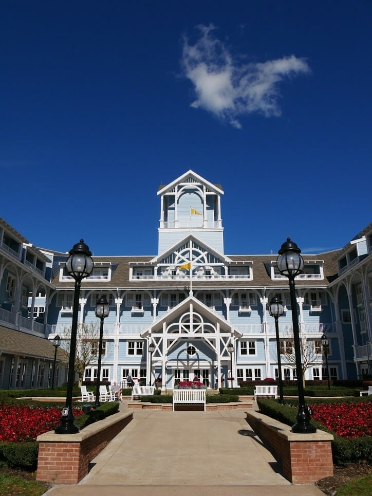 Back entrance to Beach Club resort Disney World Orlando with blue sky