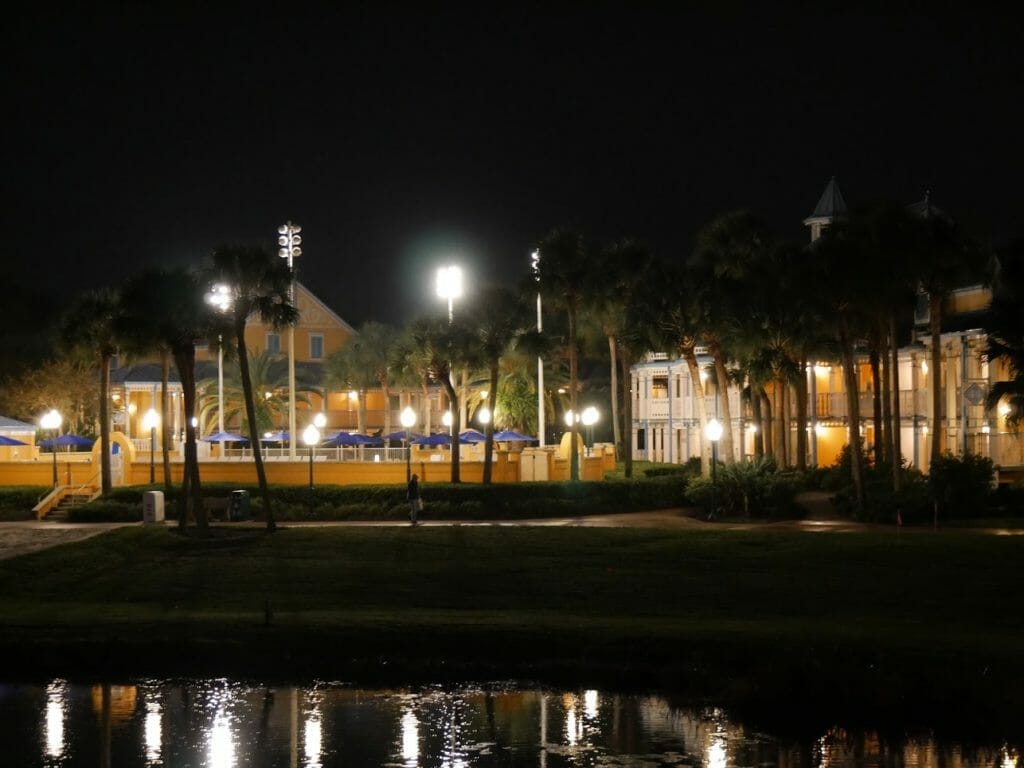 Some Caribbean Beach resort buildings lit up at night