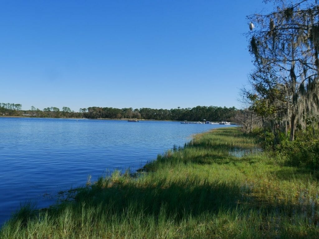 The lake at the back of Wilderness Lodge resort Disney World Orlando