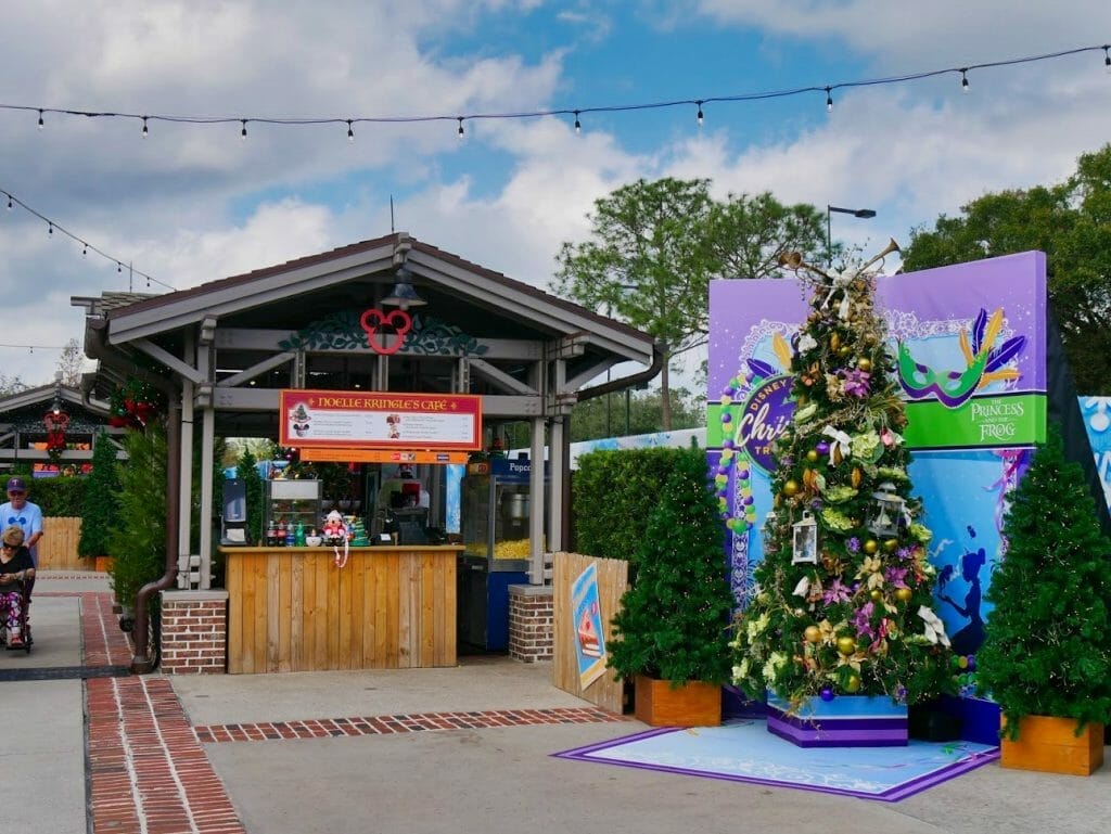 A snack shop and Princess and the Frog Christmas tree