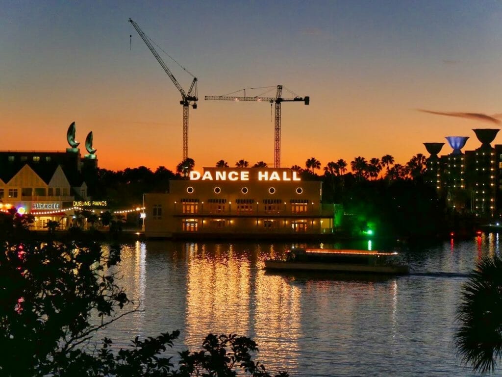 A Friendship boat outside the Dance Hall at the Disney Boardwalk area at night