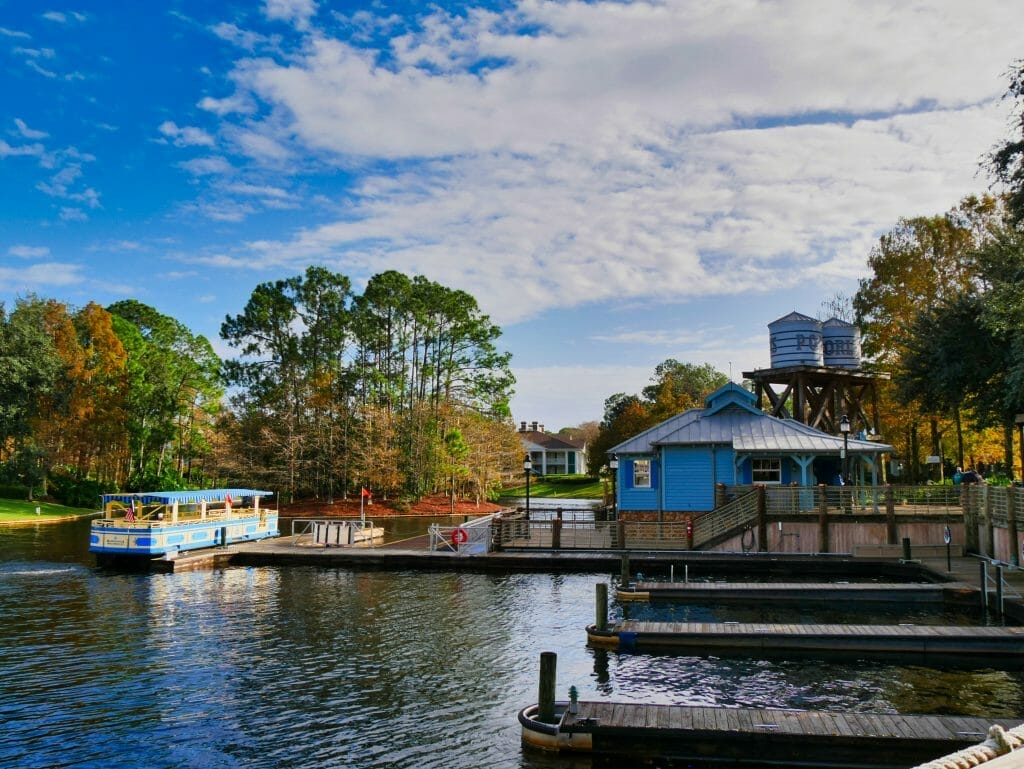 Free Sassagoula River Cruise boat at Port Orleans Riverside with blue building and blue sky