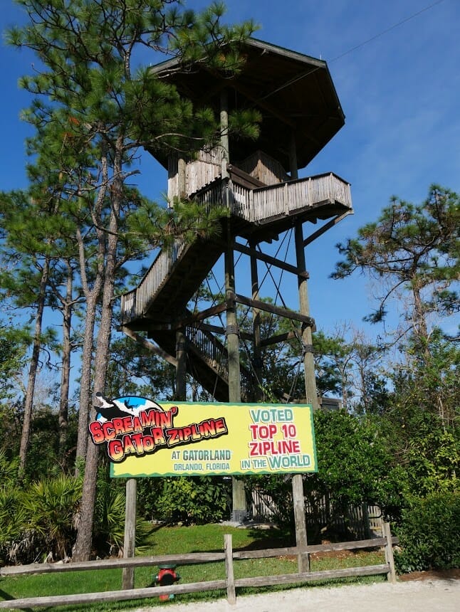 A high up wooden hut where people launch from for the Screamin' Gatorland zipline