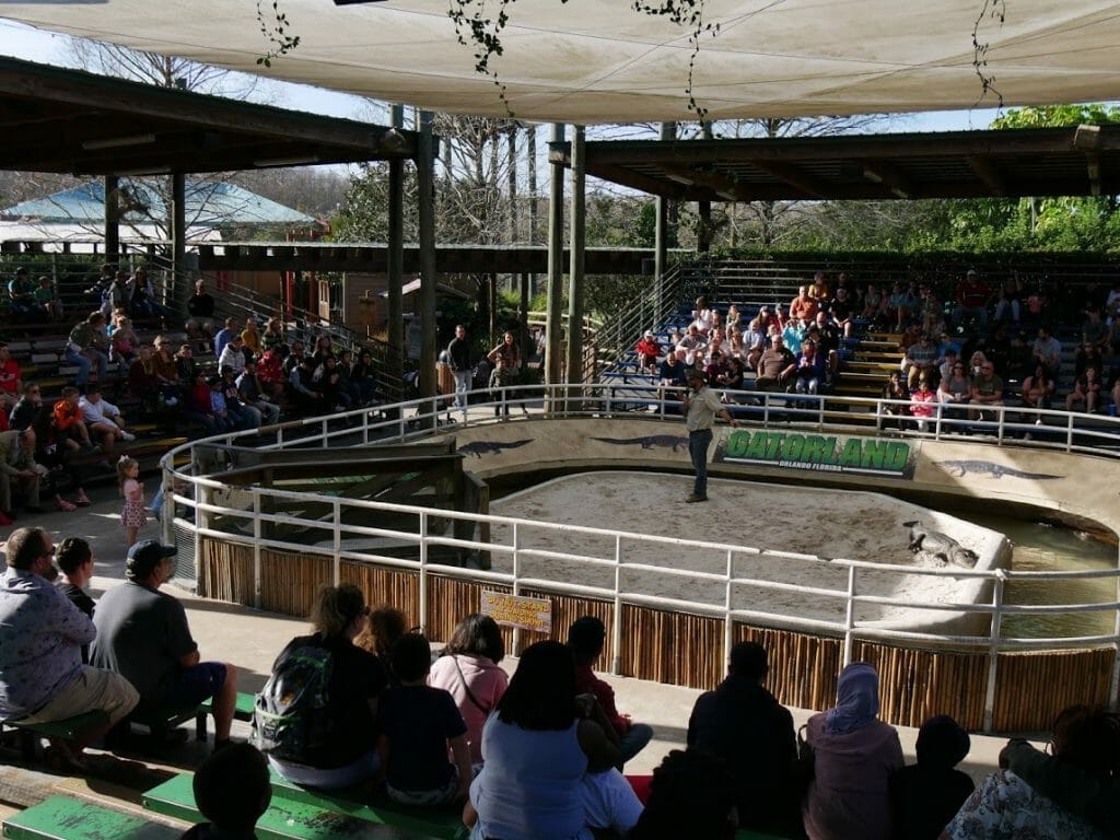 A man doing a show inside an arena with people watching at Gatorland Florida