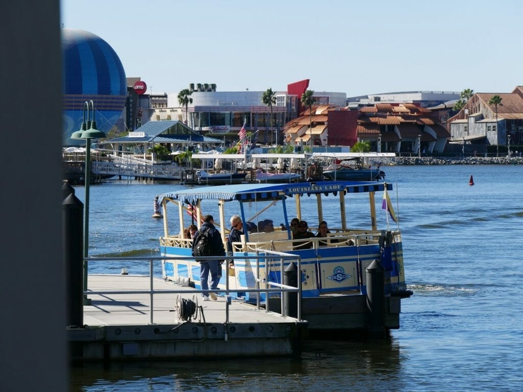 A boat docked at Disney Springs