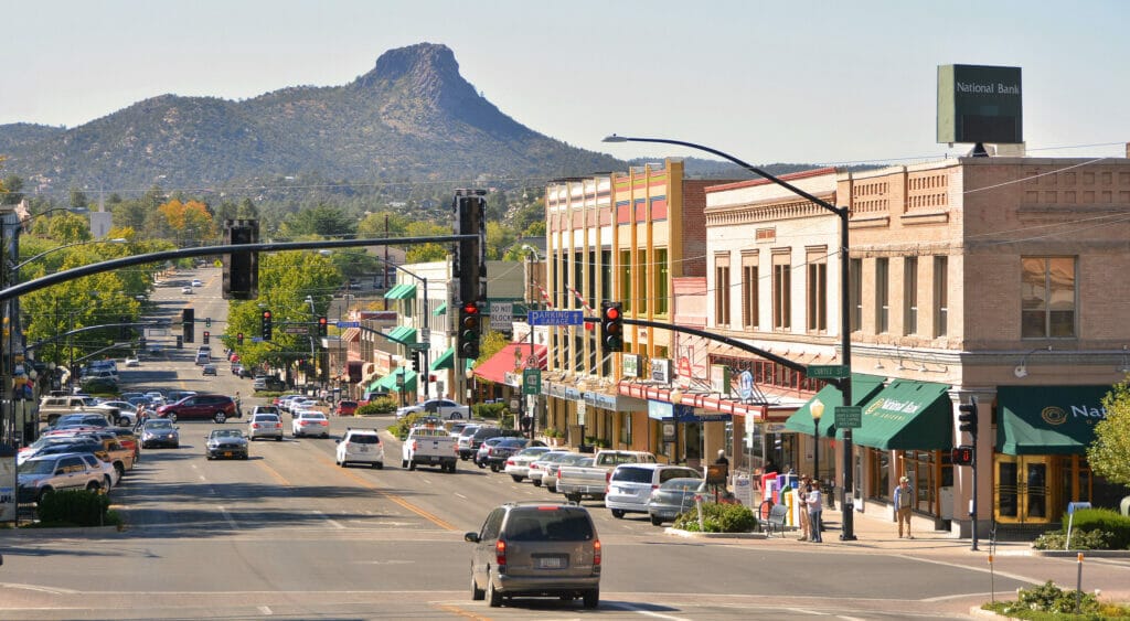 A busy street in a charming, small downtown area 