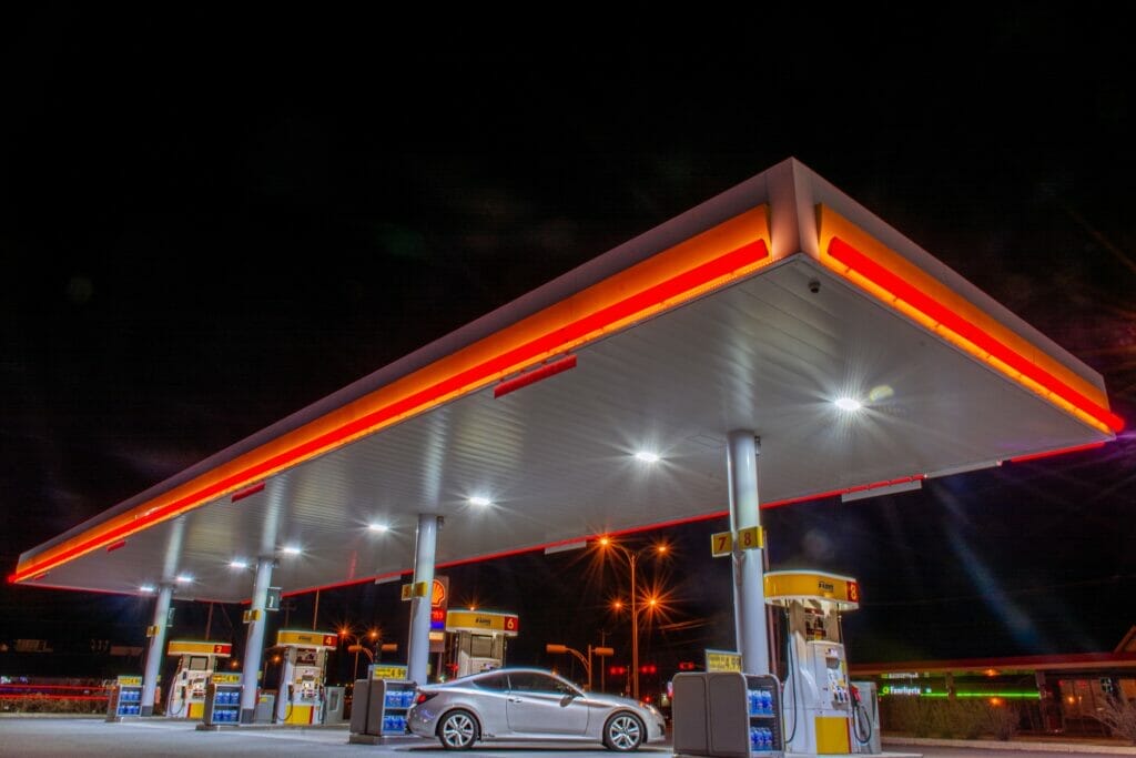 A gas station at night